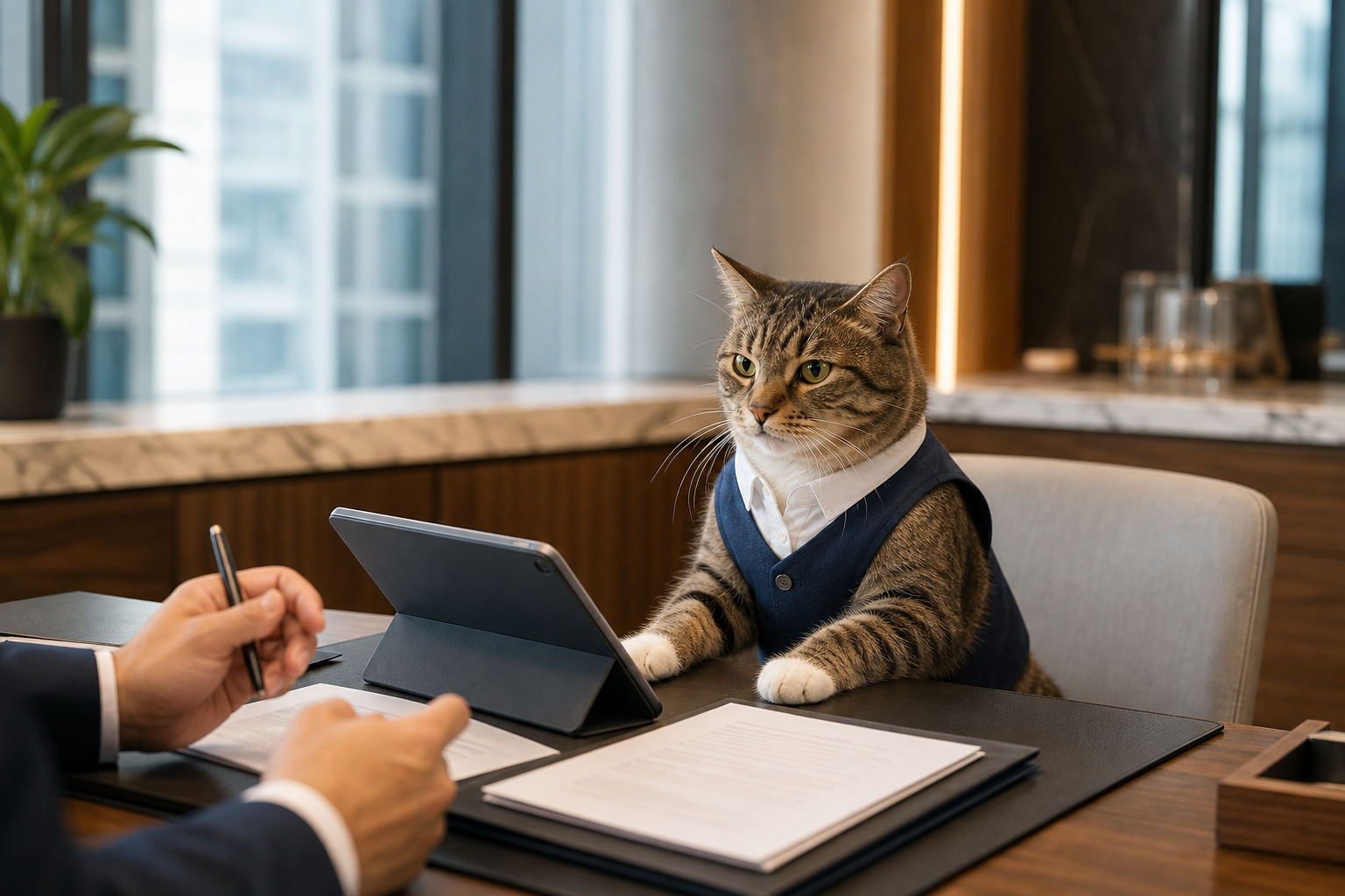 A cat reviewing banking documents at a private banking desk