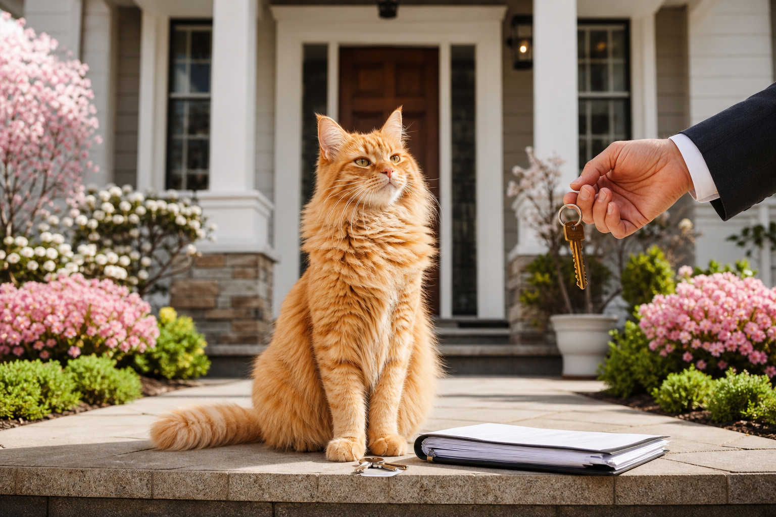 An orange cat receiving keys on the front steps of a new home