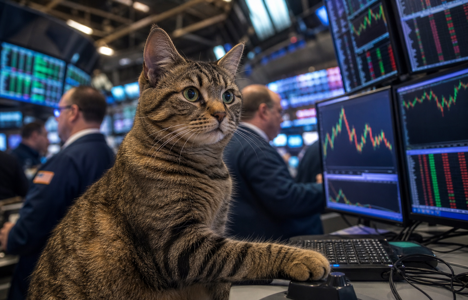 A tabby cat at a stock exchange trading workstation